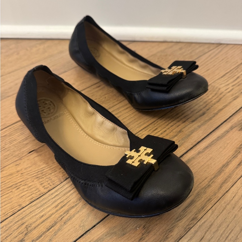 Tory Burch Women's Shoes Size Sz 6.5 Leather Gold Grosgrain Bow Sedgwick Ballet